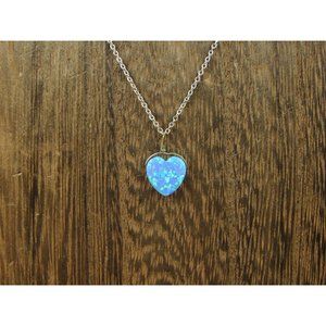 16 Inch Sterling Silver Handmade Heart Blue Opal Pendant Necklace